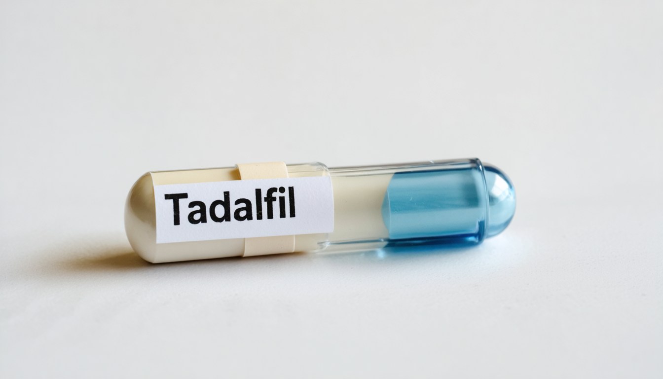 Blister pack of tadalafil tablets with a glass of water on a bedside table, symbolizing treatment for erectile dysfunction and urinary symptoms